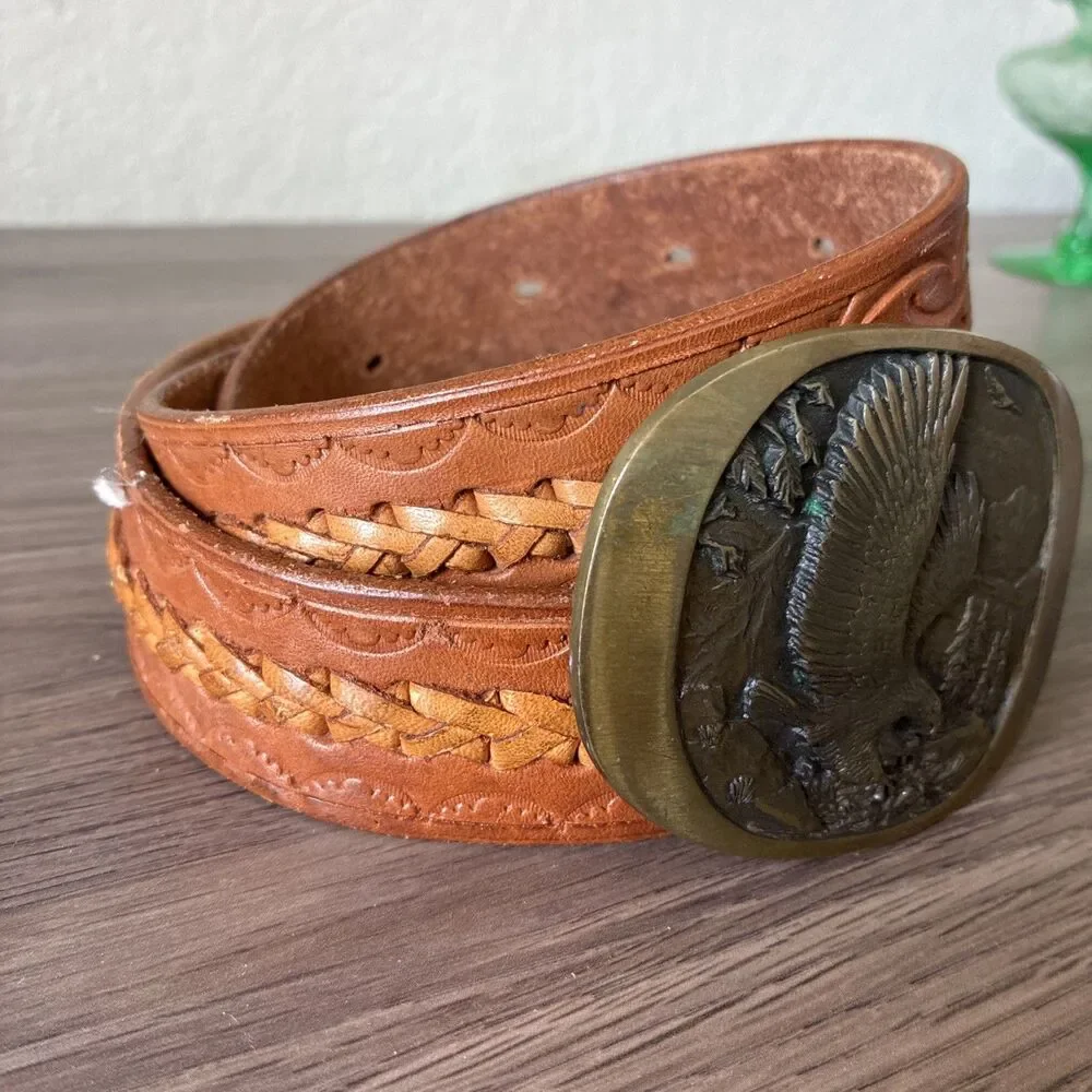VTG High Mesa American Eagle Solid Bronze Belt Buckle & Leather Belt, Size 36